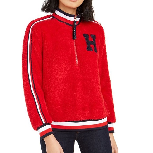 TOMMY HILFIGER Red Striped Trim Moch Neck Sherpa Sweatshirt Pullover NEW